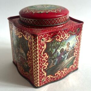 Vintage Daher Red Tea Tin Victorian Lovers Scene